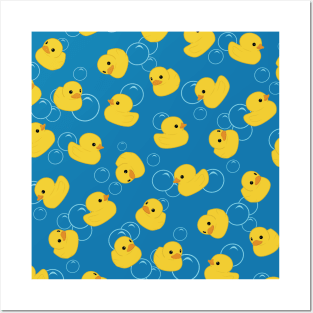 Yellow toy duck with bubbles pattern Posters and Art